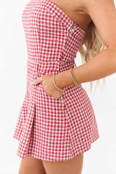 Cherry and Cream Plaid Strapless Romper