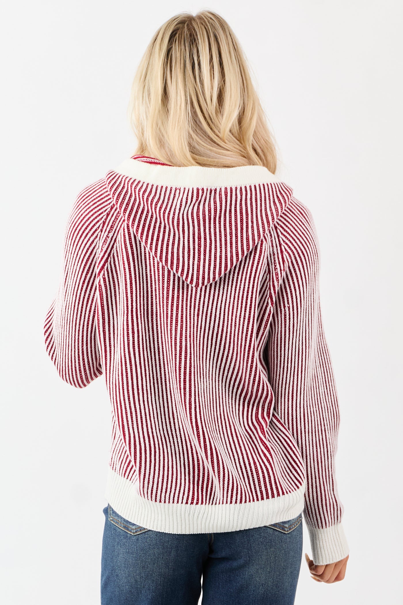 Cherry and Ivory Striped Rib Knit Hooded Sweater
