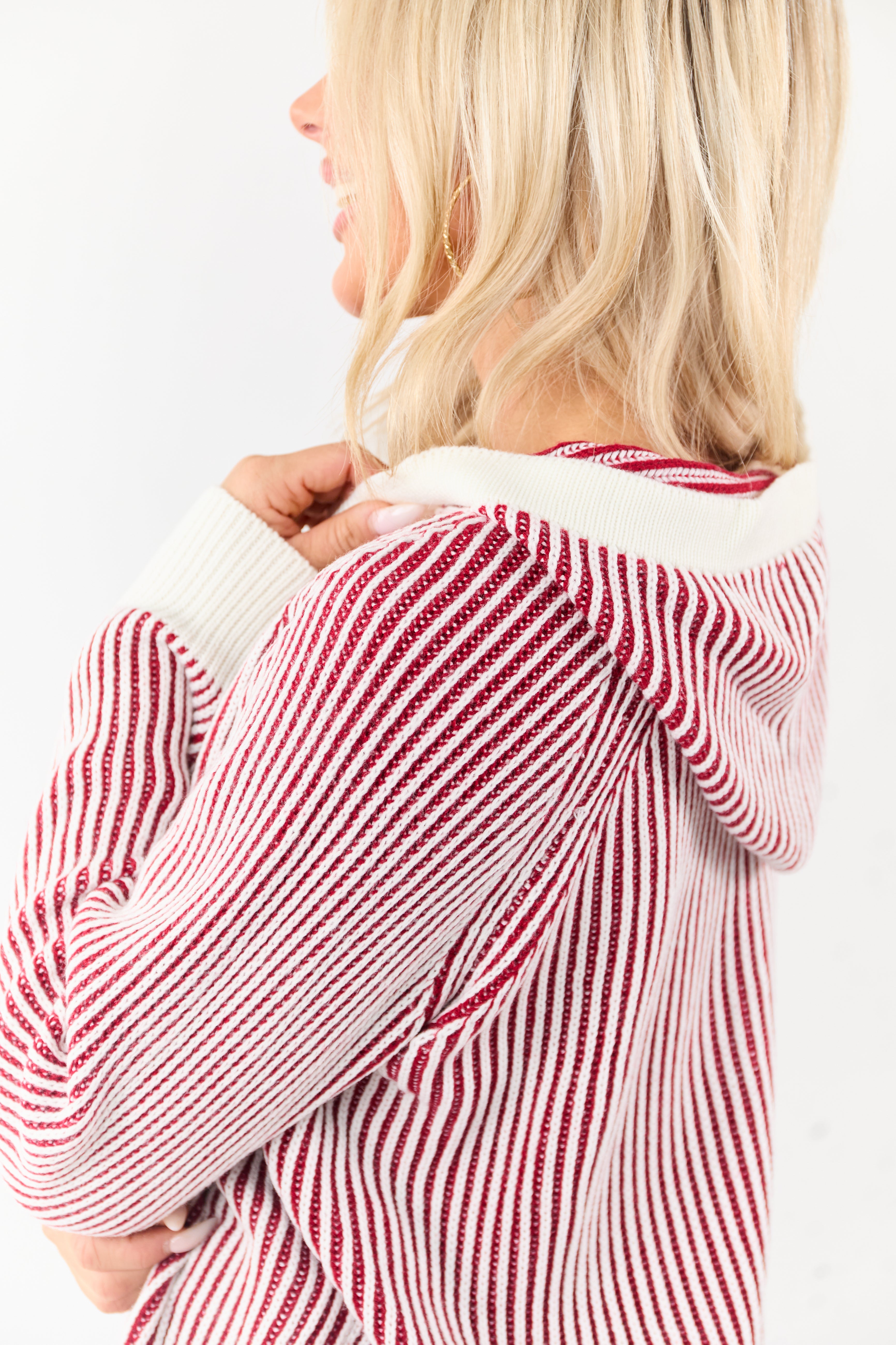 Cherry and Ivory Striped Rib Knit Hooded Sweater