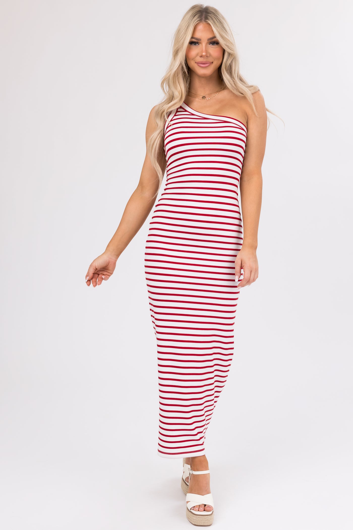 Cherry and White Striped One Shoulder Dress