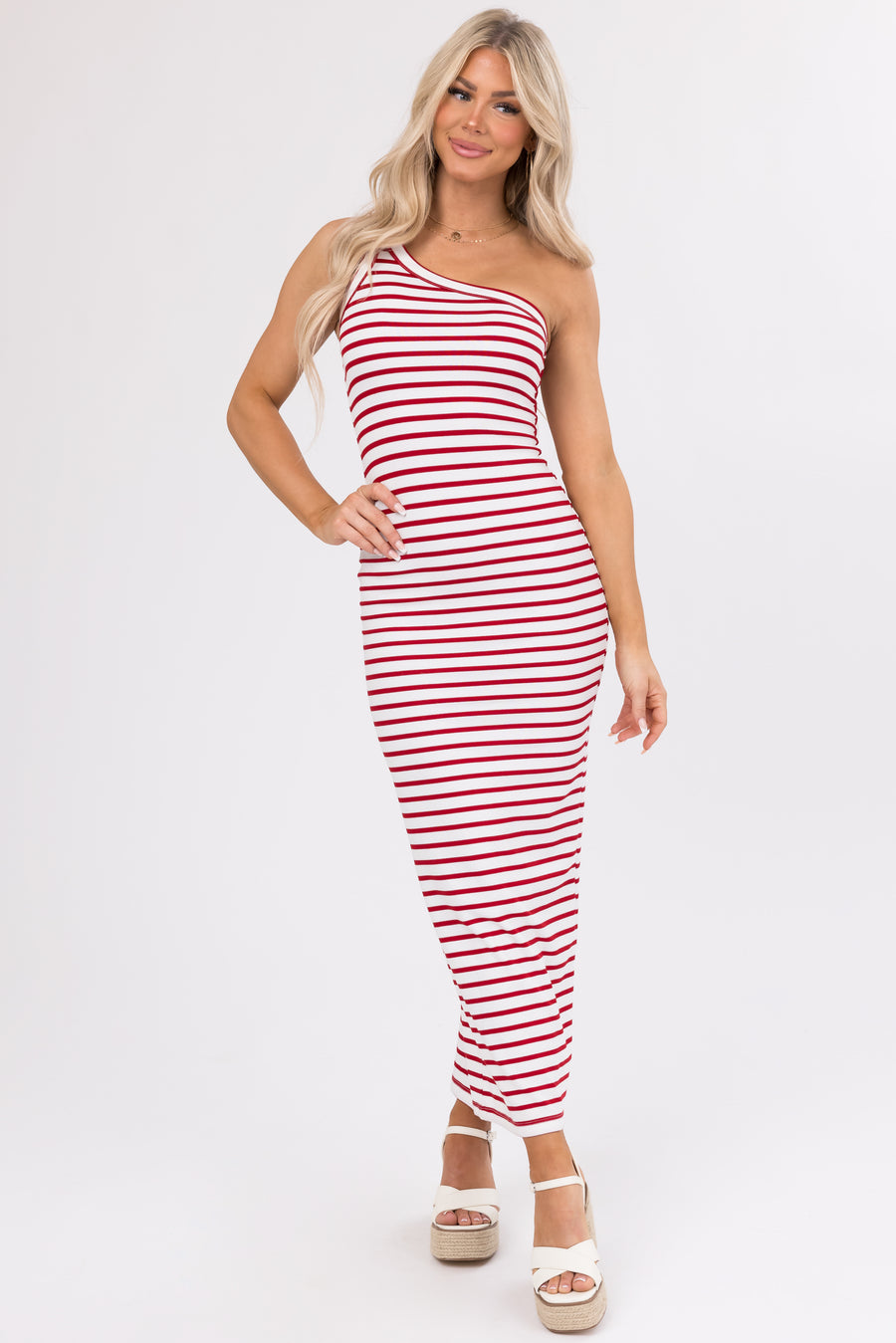 Cherry and White Striped One Shoulder Dress