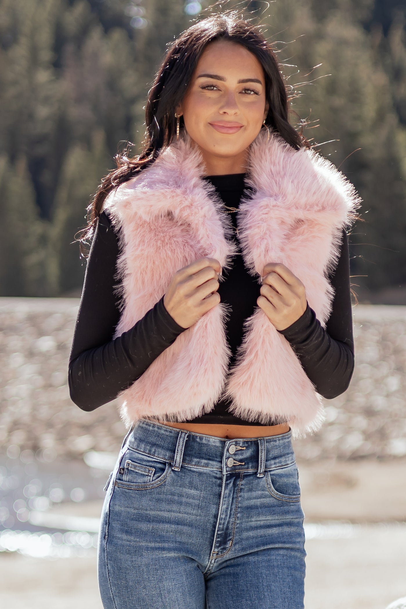 Cherry Blossom Faux Fur Cropped Collared Vest