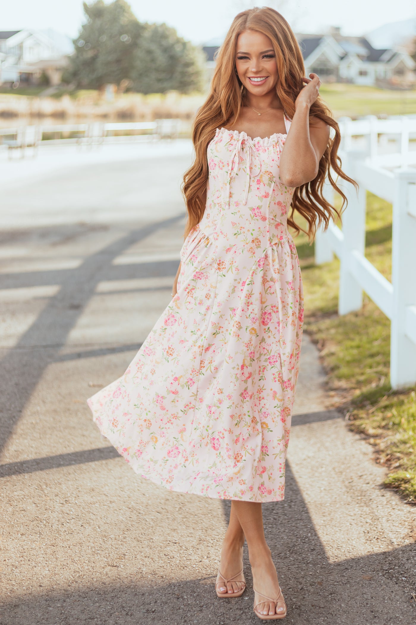 Cherry Blossom Floral Print Halter Neck Midi Dress