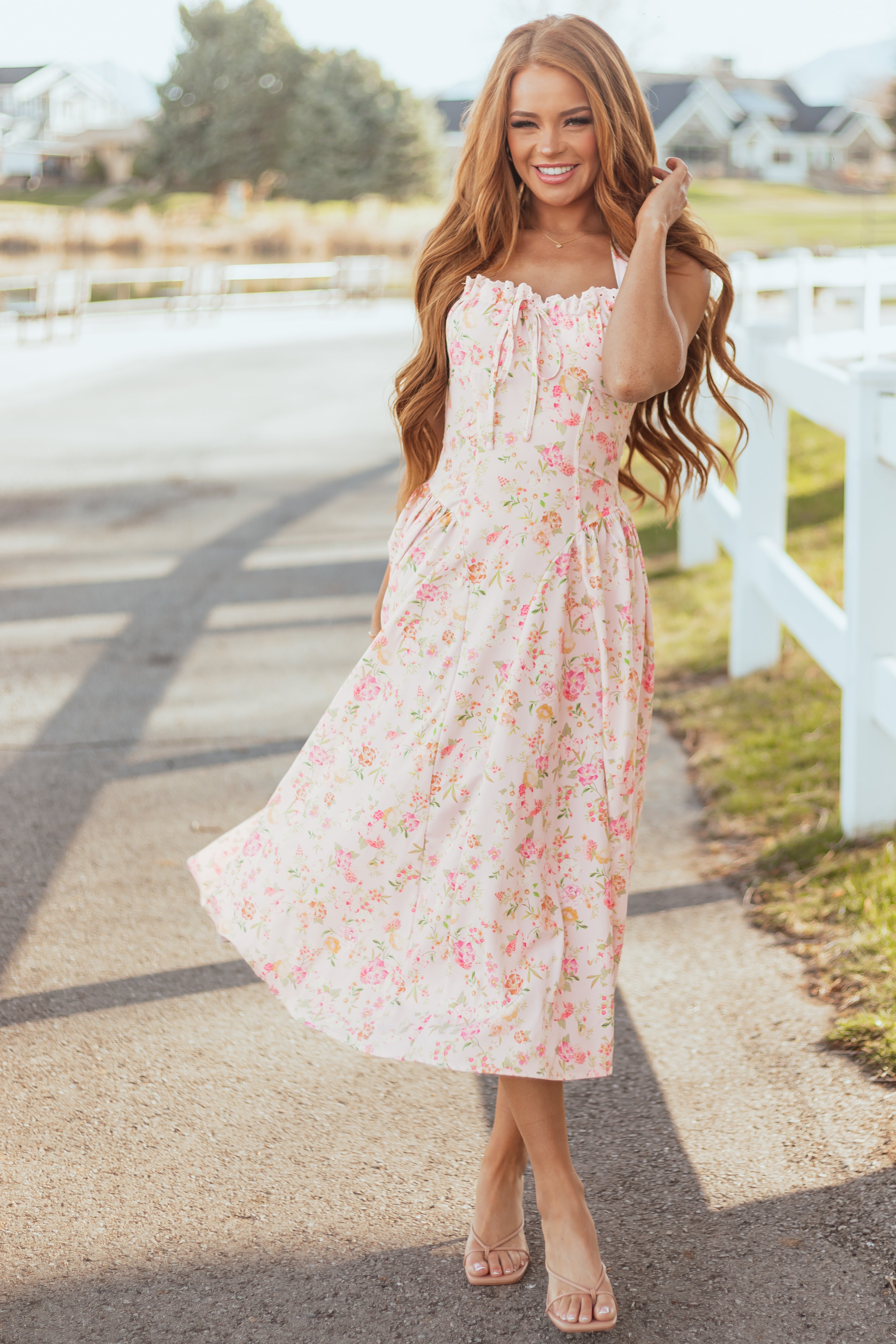 Cherry Blossom Floral Print Halter Neck Midi Dress