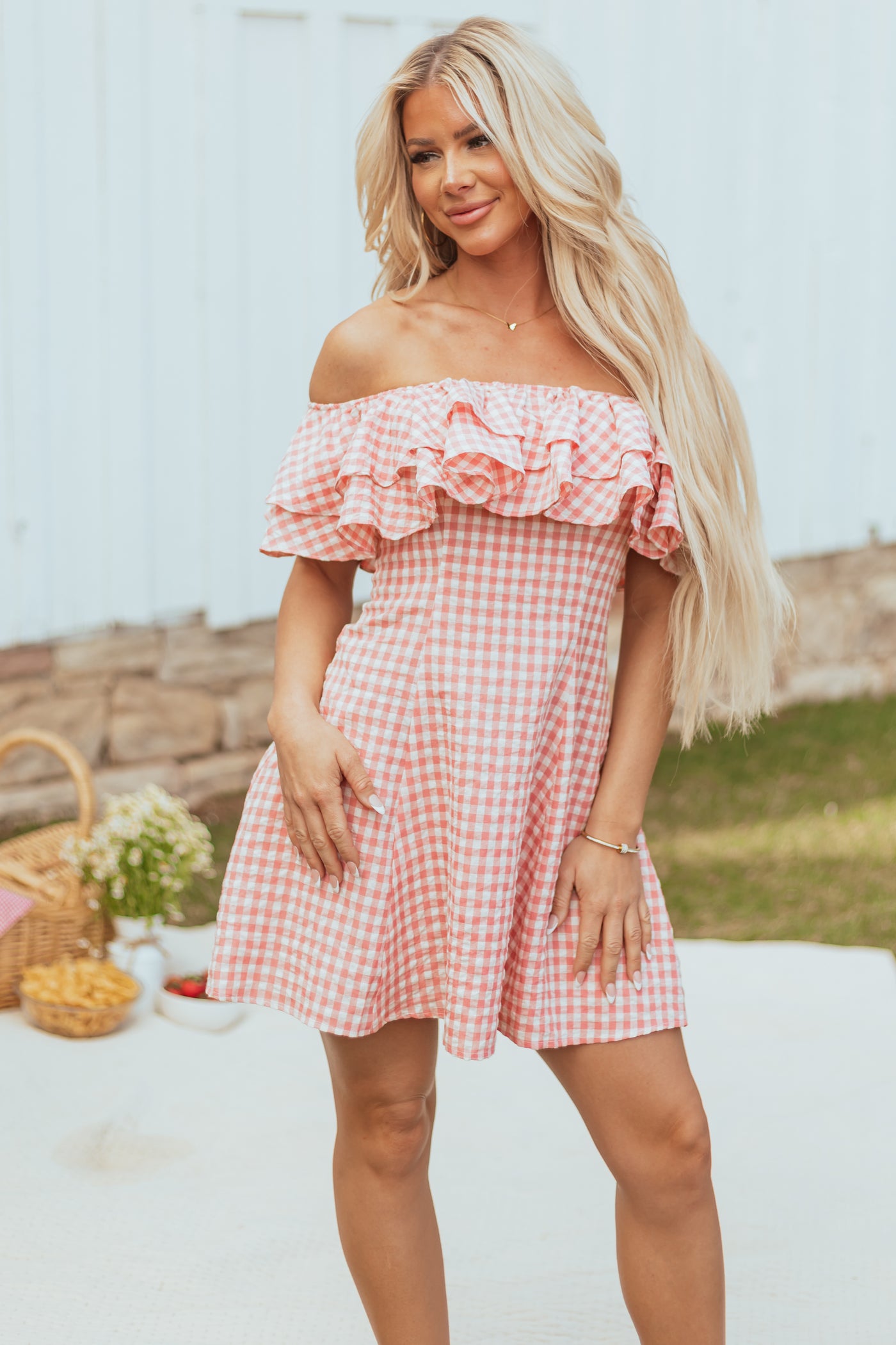 Cherry Blossom Off Shoulder Gingham Ruffle Mini Dress | Lime Lush Boutique Cherry Blossom Off Shoulder Gingham Ruffle Mini Dress | Lime Lush Boutique