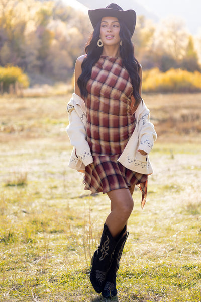 Cherry Plaid Ruched Side Sleeveless Mini Dress