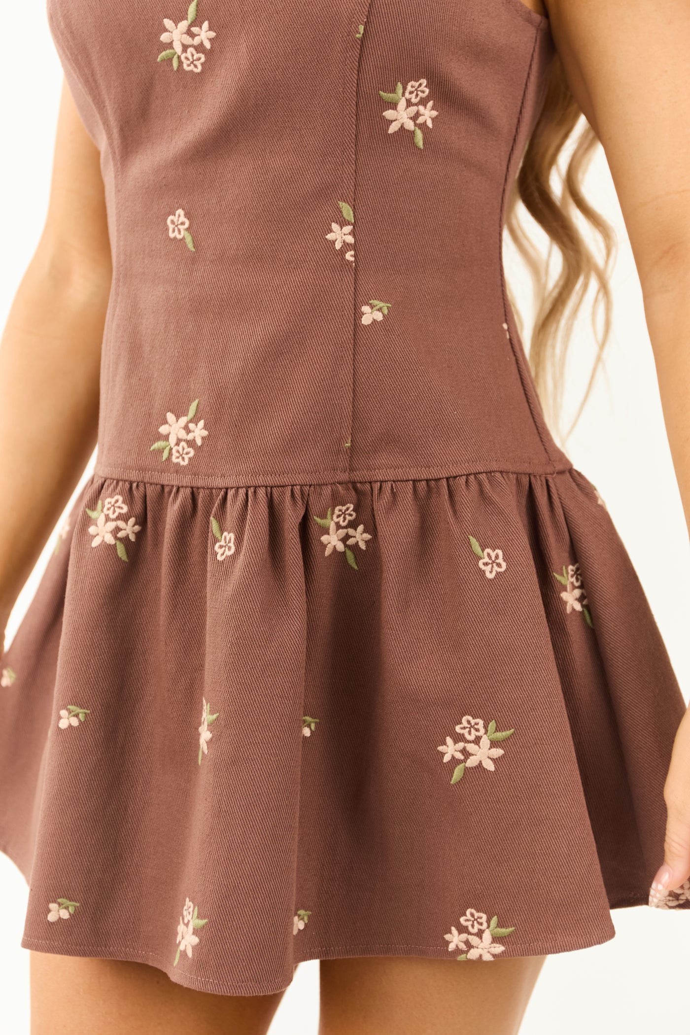 Chestnut Denim Floral Embroidered Drop Waist Mini Dress | Lime Lush Boutique Chestnut Denim Floral Embroidered Drop Waist Mini Dress | Lime Lush Boutique