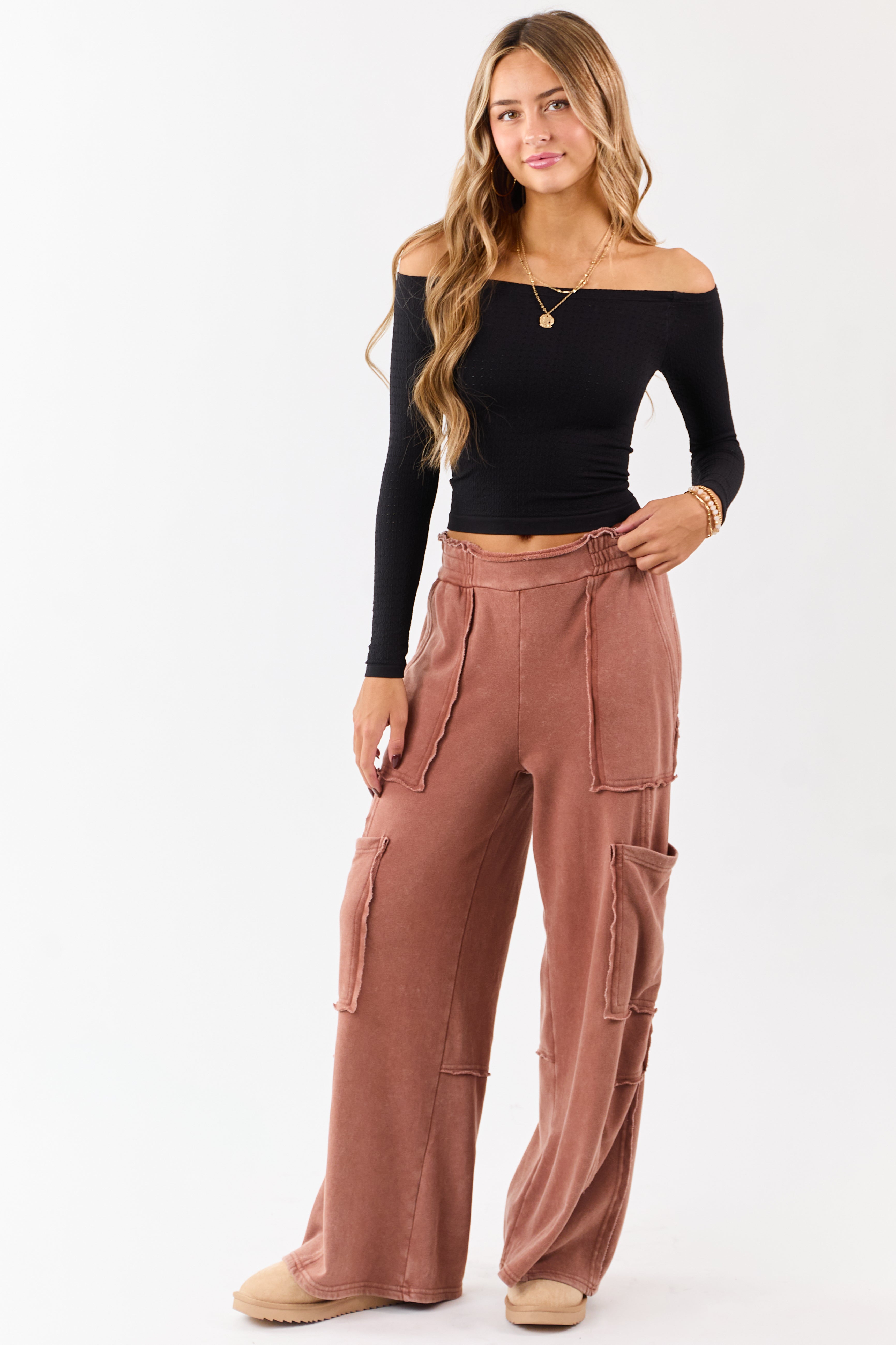 Chestnut Mineral Wash Raw Seam Cargo Sweatpants