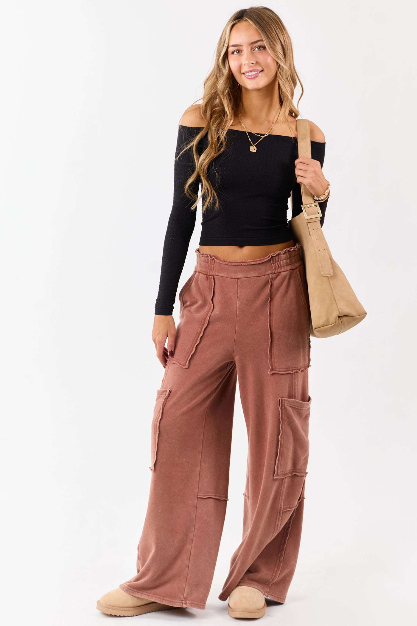 Chestnut Mineral Wash Raw Seam Cargo Sweatpants