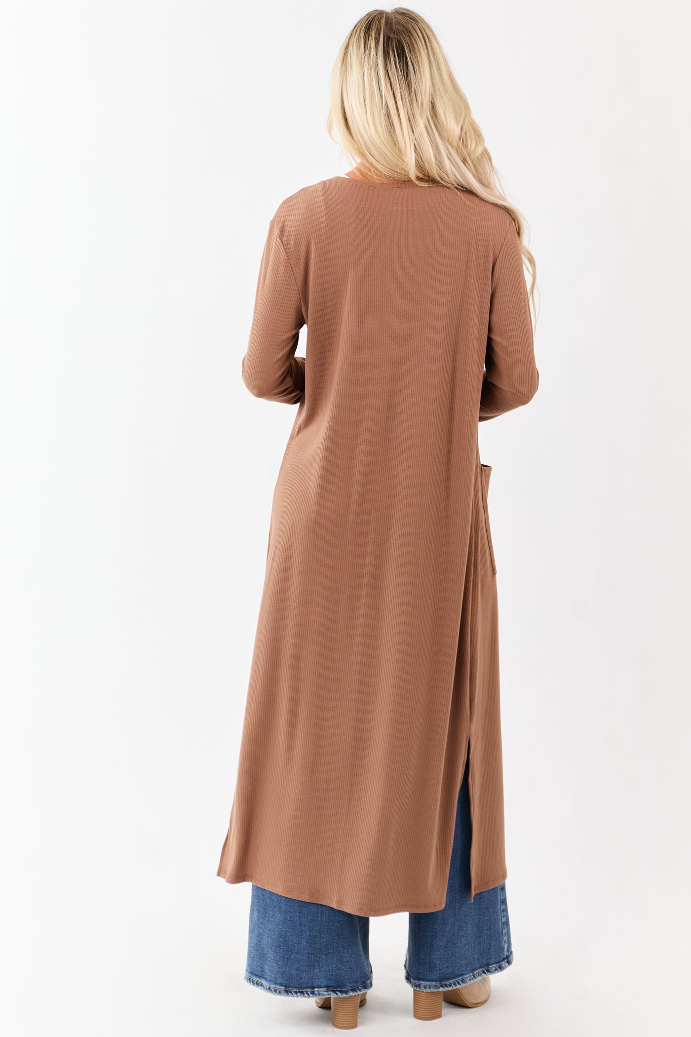Chestnut Open Front Rib Knit Duster Cardigan
