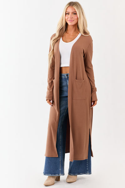 Chestnut Open Front Rib Knit Duster Cardigan