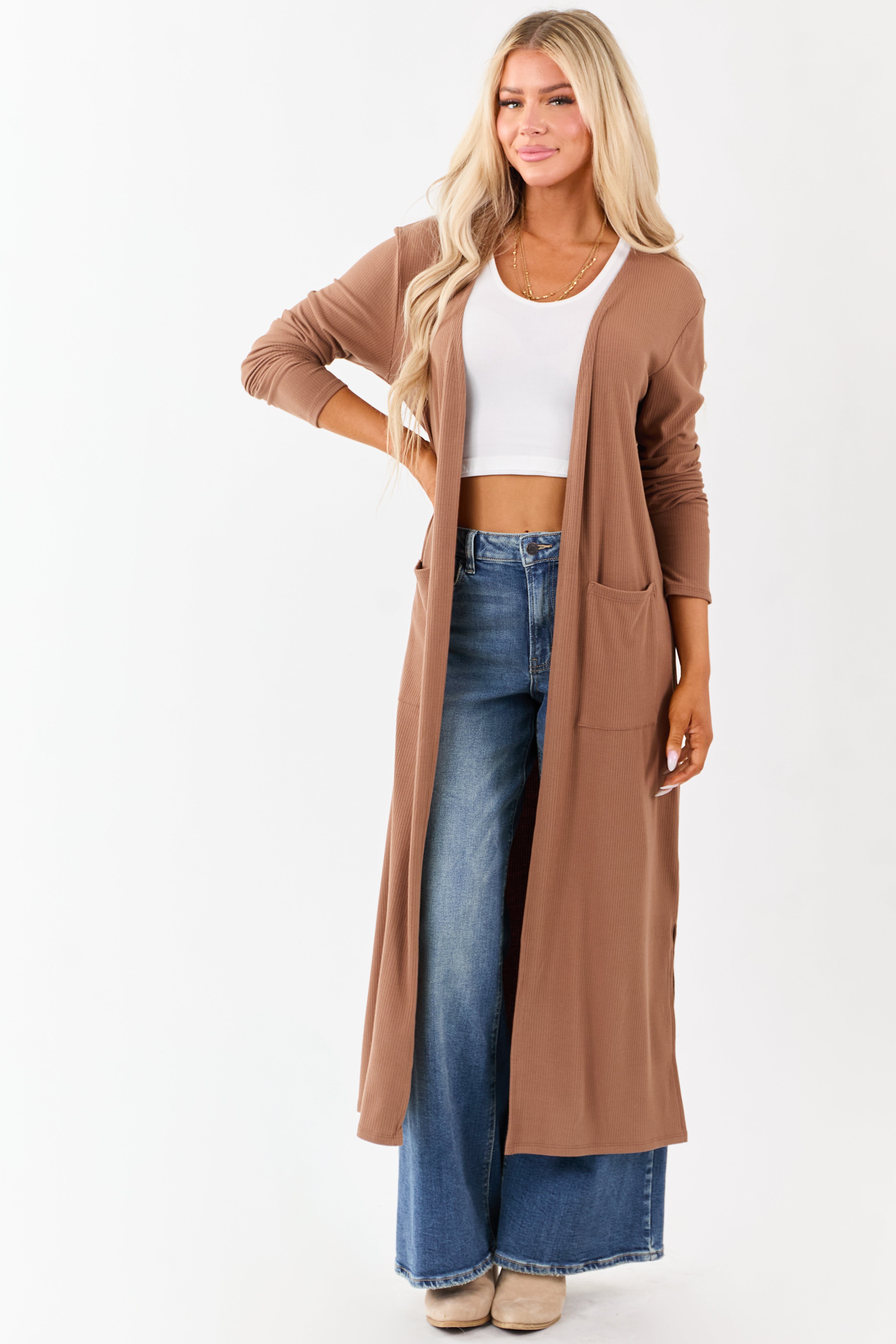 Terracotta Crochet Knit Open Front Cardigan | Lime Lush Boutique