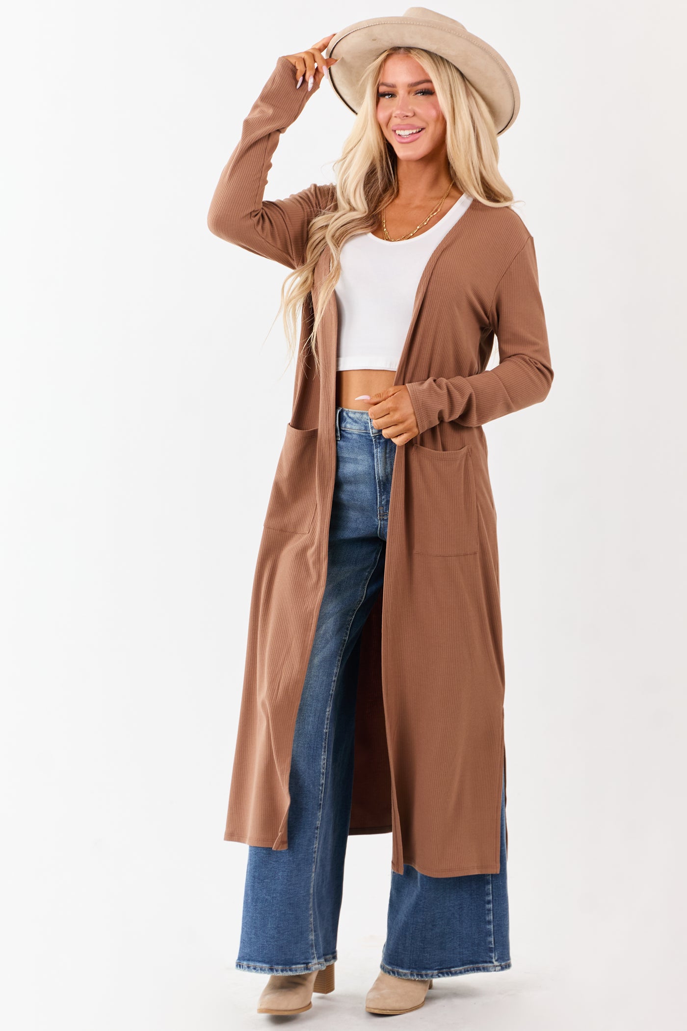 Chestnut Open Front Rib Knit Duster Cardigan
