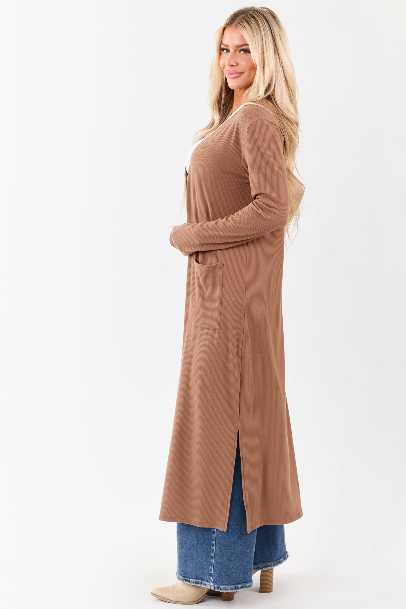 Chestnut Open Front Rib Knit Duster Cardigan