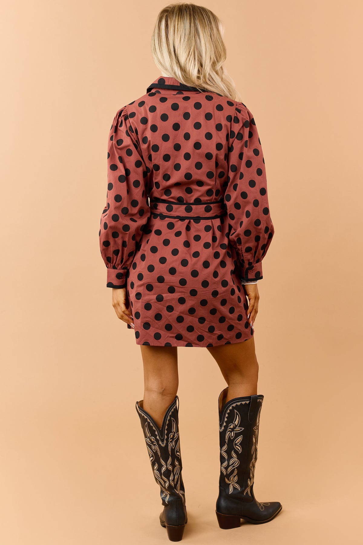 Chestnut Polka Dot Cotton Waist Tie Mini Shirt Dress