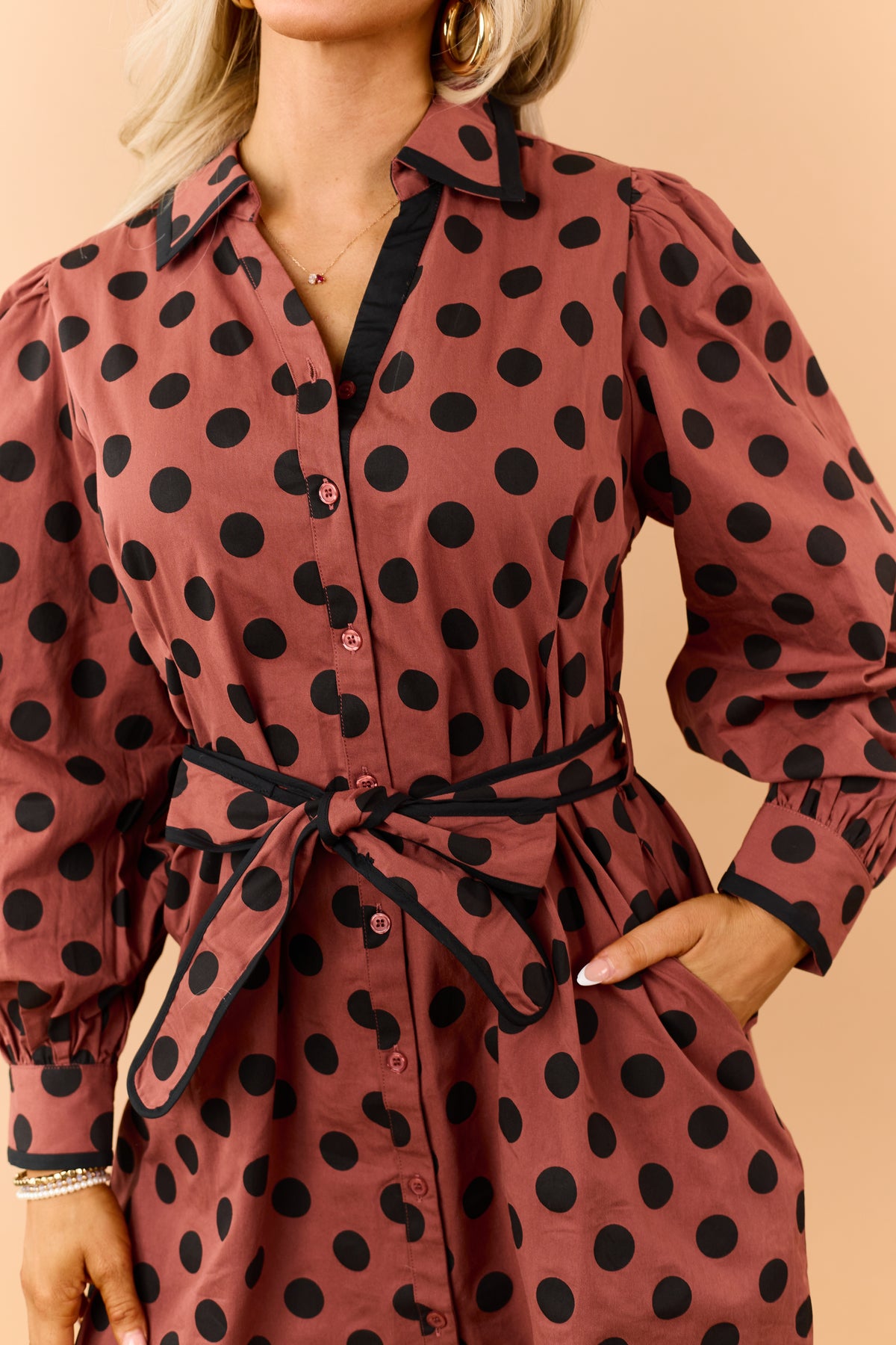 Chestnut Polka Dot Cotton Waist Tie Mini Shirt Dress