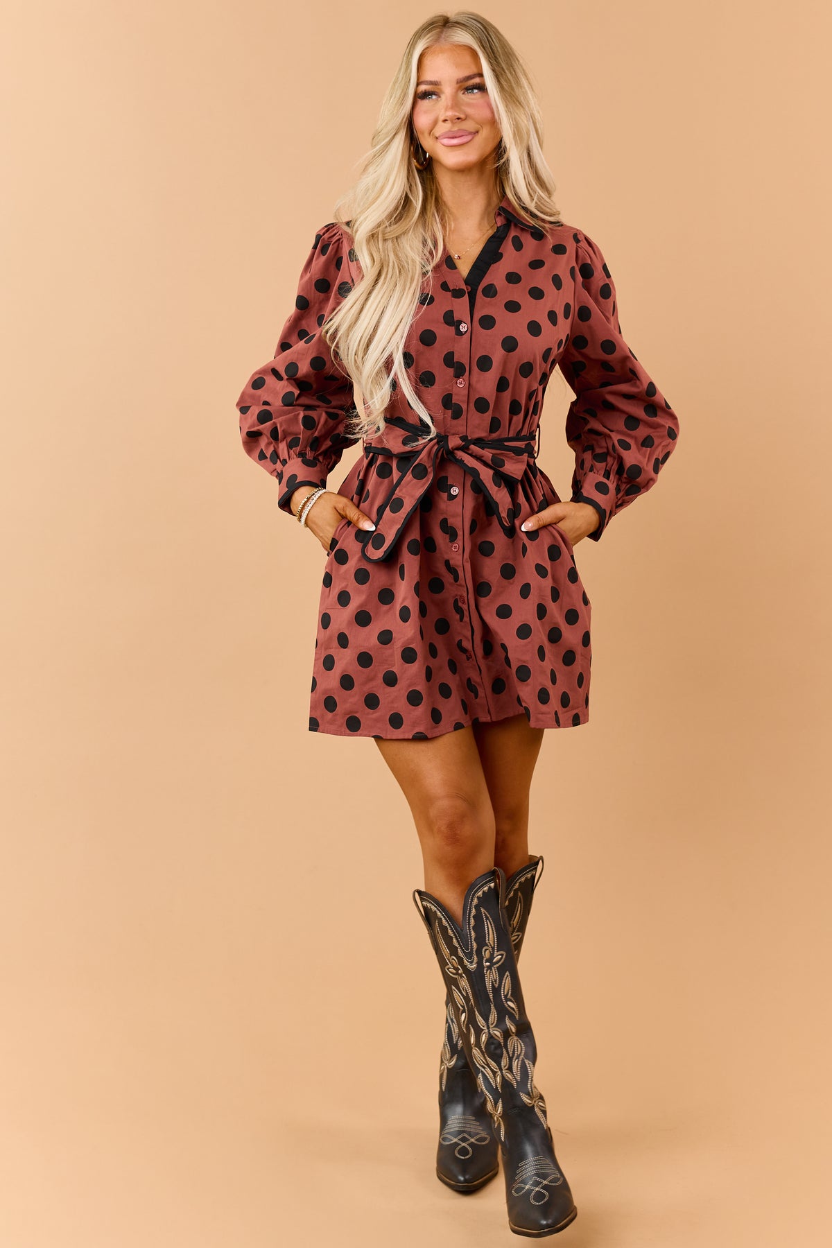 Chestnut Polka Dot Cotton Waist Tie Mini Shirt Dress