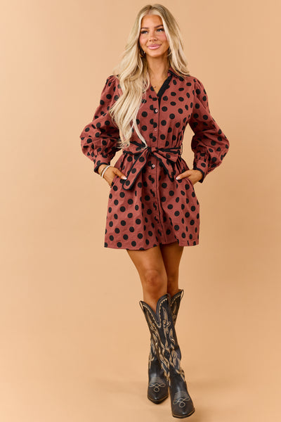 Chestnut Polka Dot Cotton Waist Tie Mini Shirt Dress