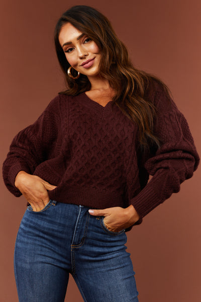 Chestnut V Neck Cable Knit Sweater