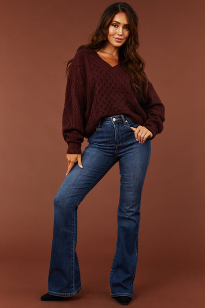 Chestnut V Neck Cable Knit Sweater