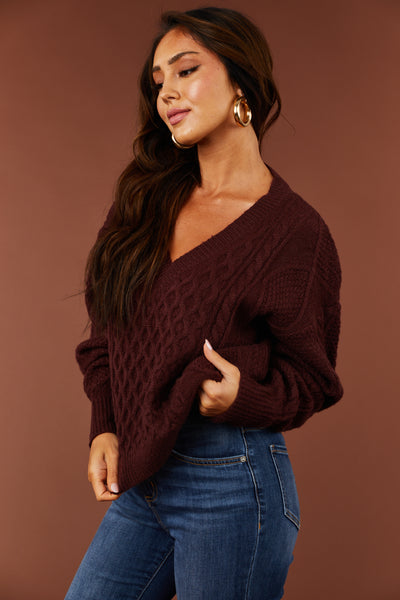 Chestnut V Neck Cable Knit Sweater