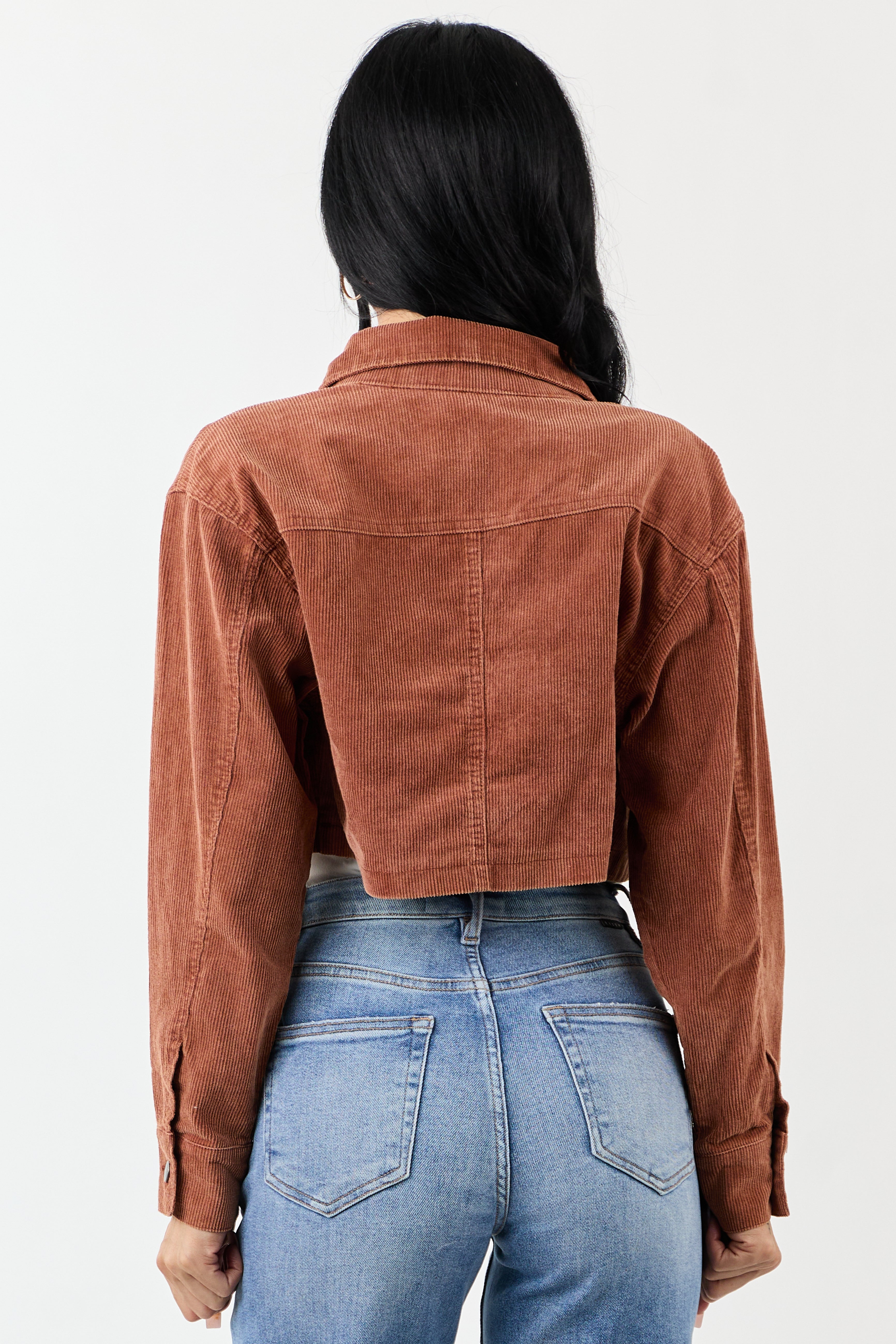 Chestnut Washed Corduroy Button Down Crop Jacket