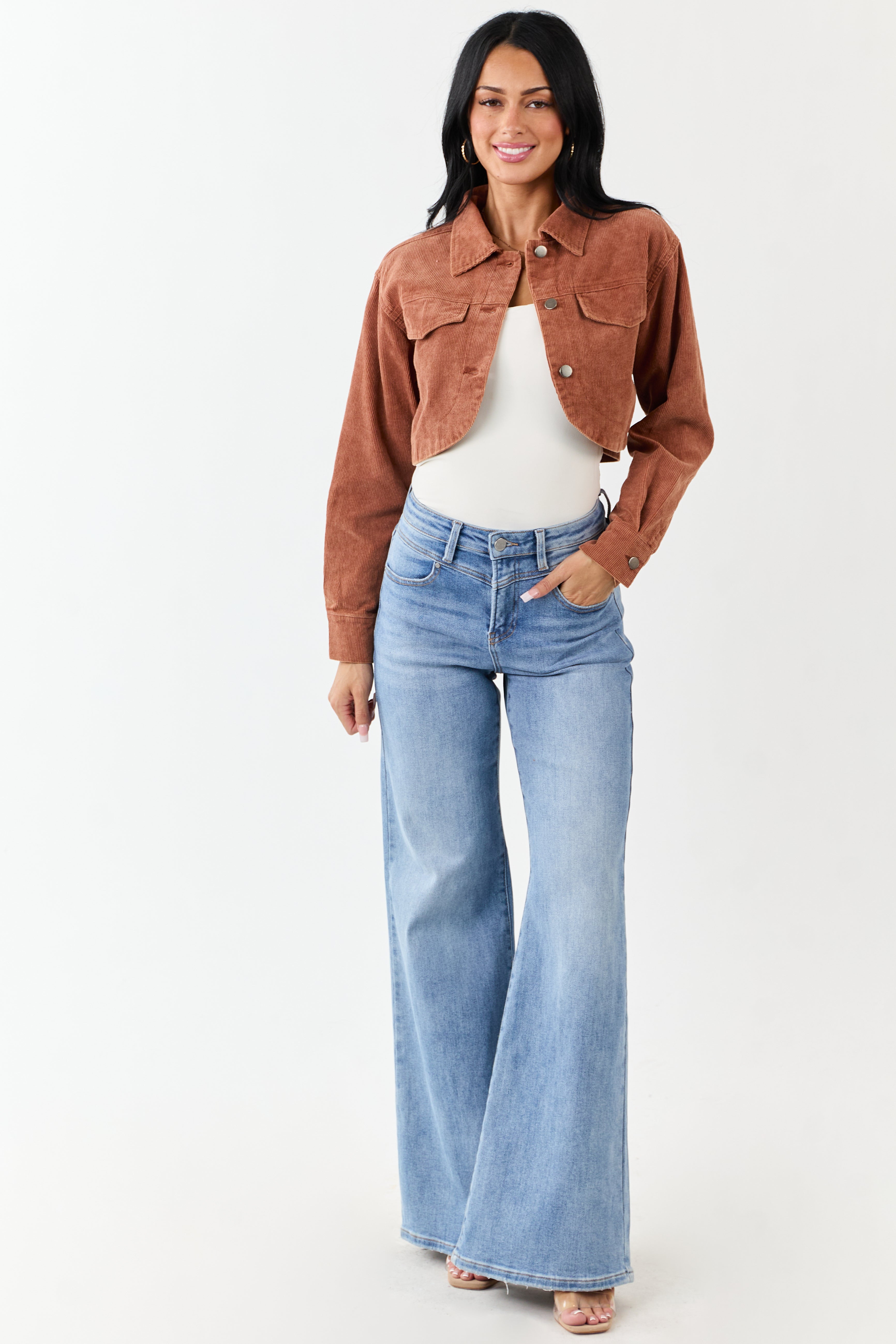 Chestnut Washed Corduroy Button Down Crop Jacket