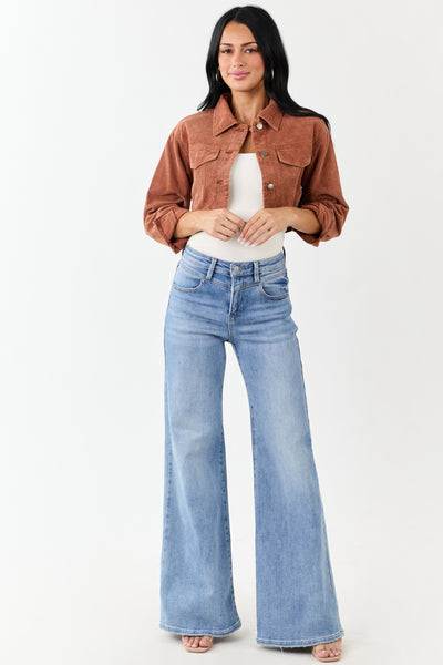 Chestnut Washed Corduroy Button Down Crop Jacket