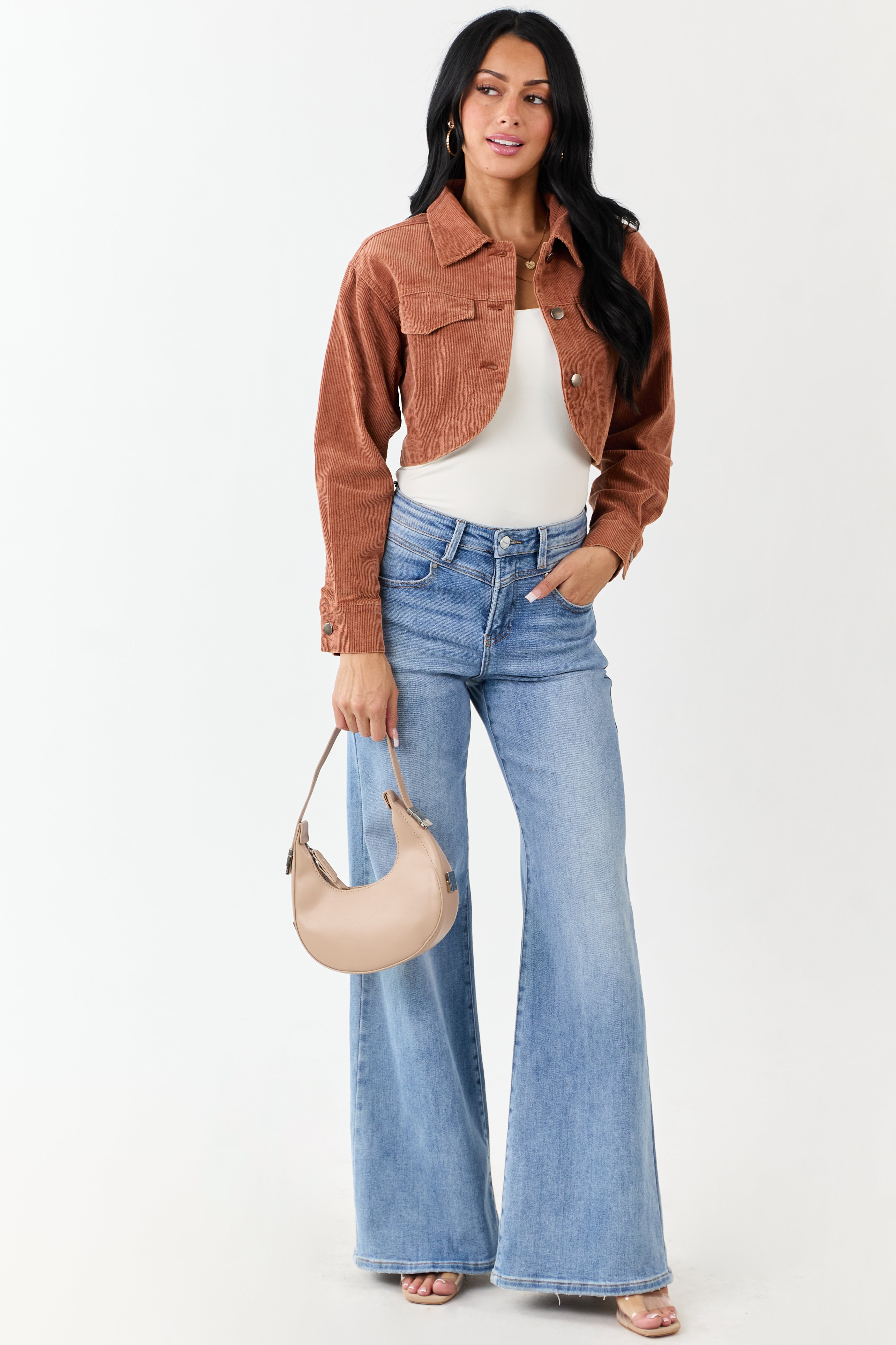Chestnut Washed Corduroy Button Down Crop Jacket