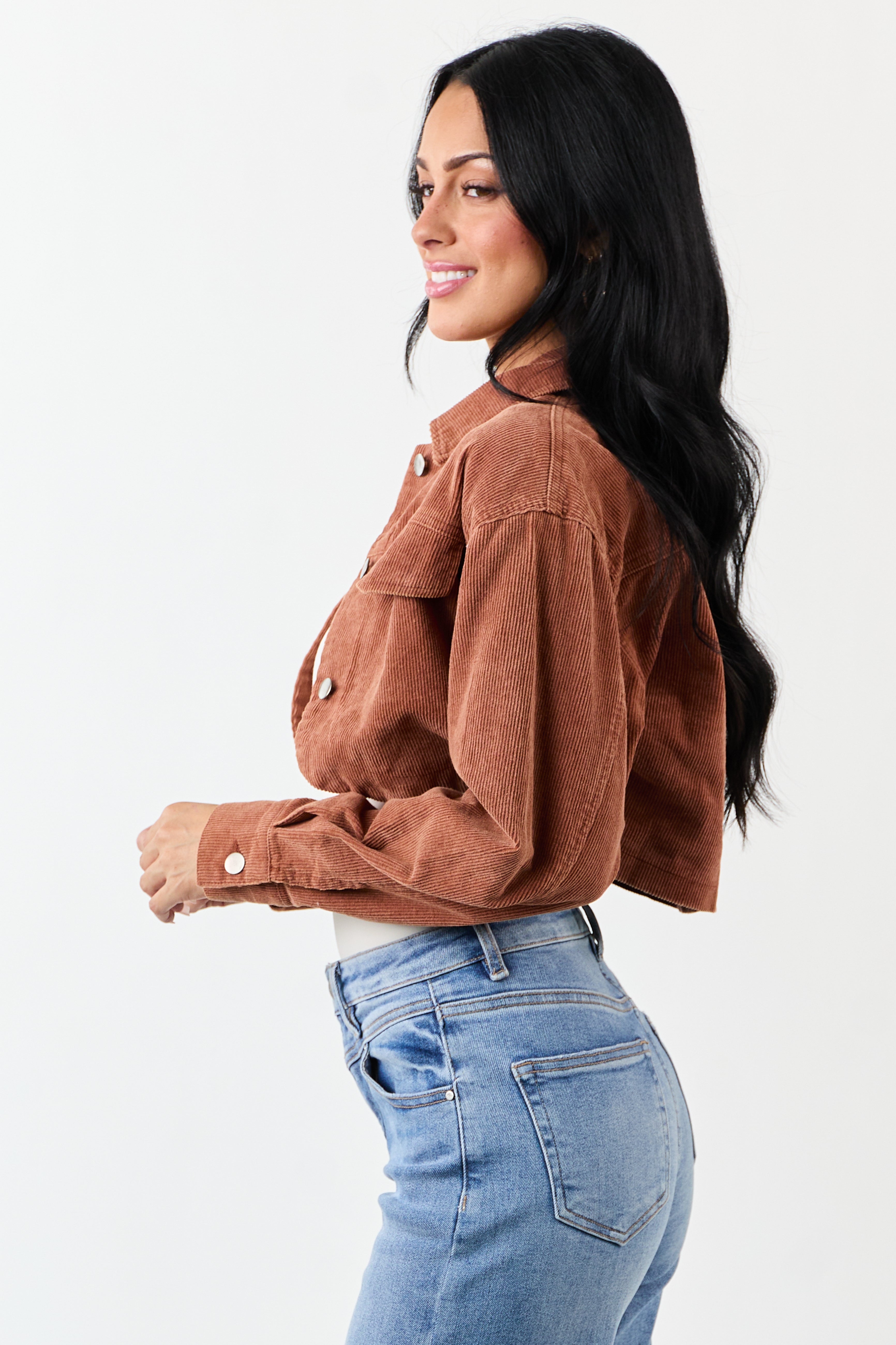 Chestnut Washed Corduroy Button Down Crop Jacket