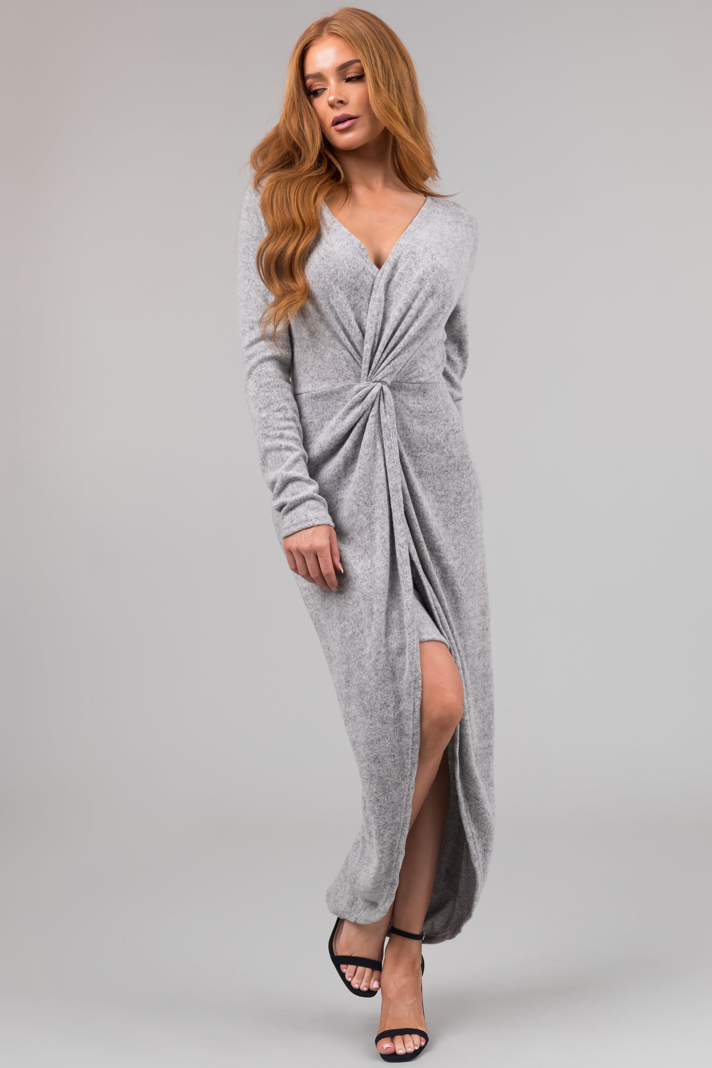 Chloe Heather Grey Two Tone Long Sleeve Twist Knot Midi Dress