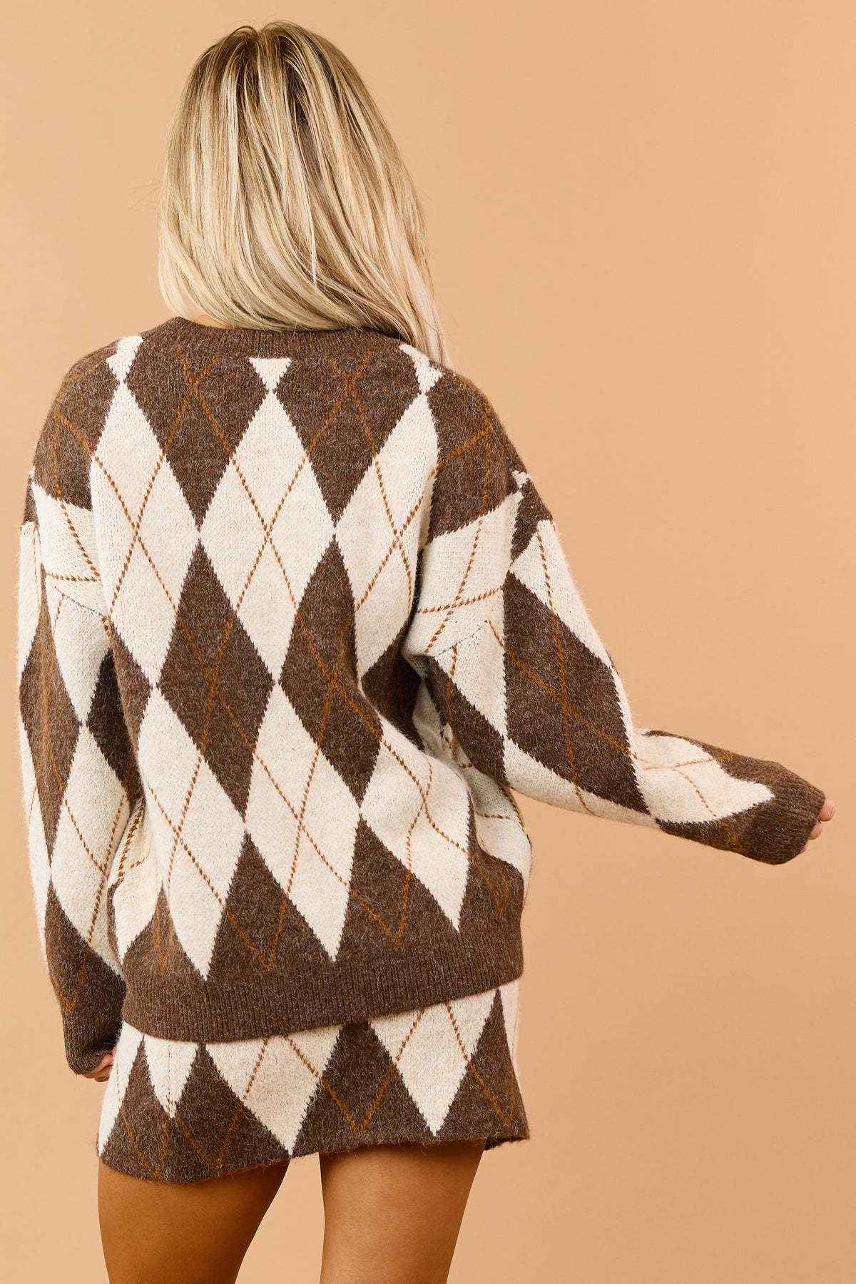 Chocolate Argyle Crew Neck Long Sleeve Sweater