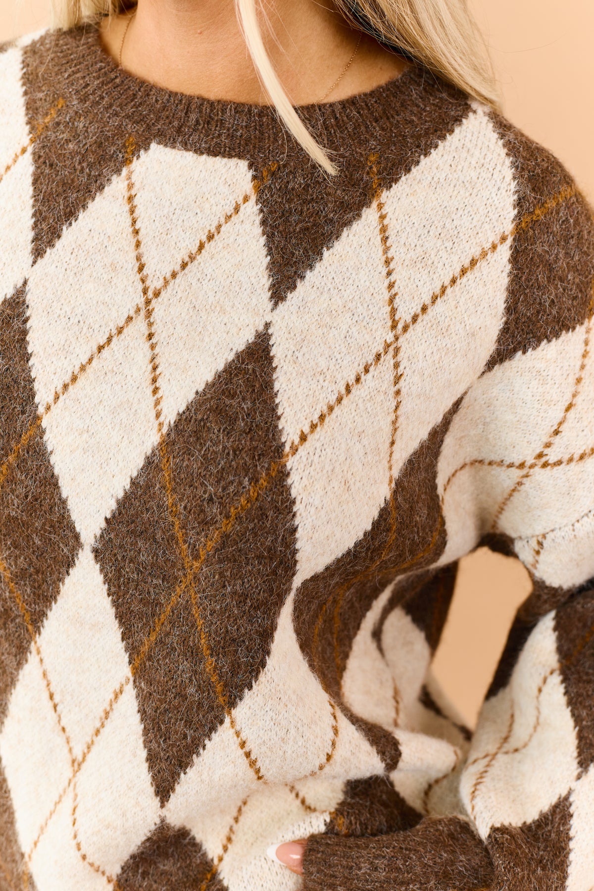 Chocolate Argyle Crew Neck Long Sleeve Sweater