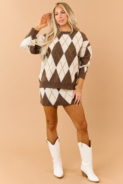 Chocolate Argyle Crew Neck Long Sleeve Sweater