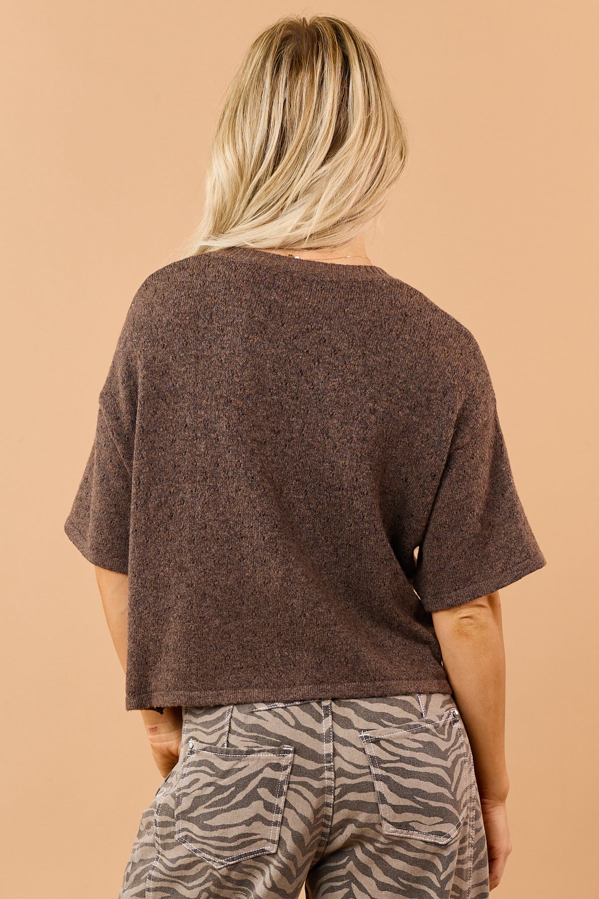 Chocolate Button Down Short Sleeve Pointelle Sweater
