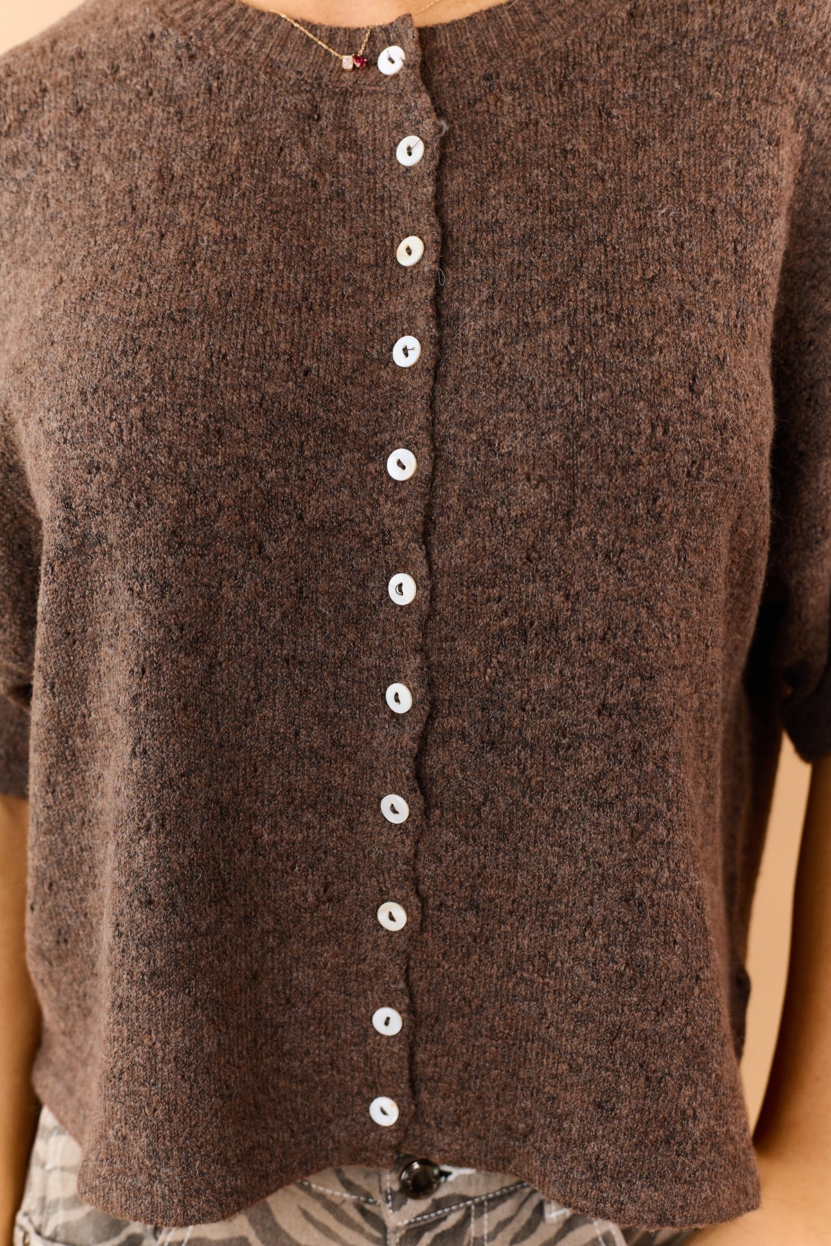 Chocolate Button Down Short Sleeve Pointelle Sweater