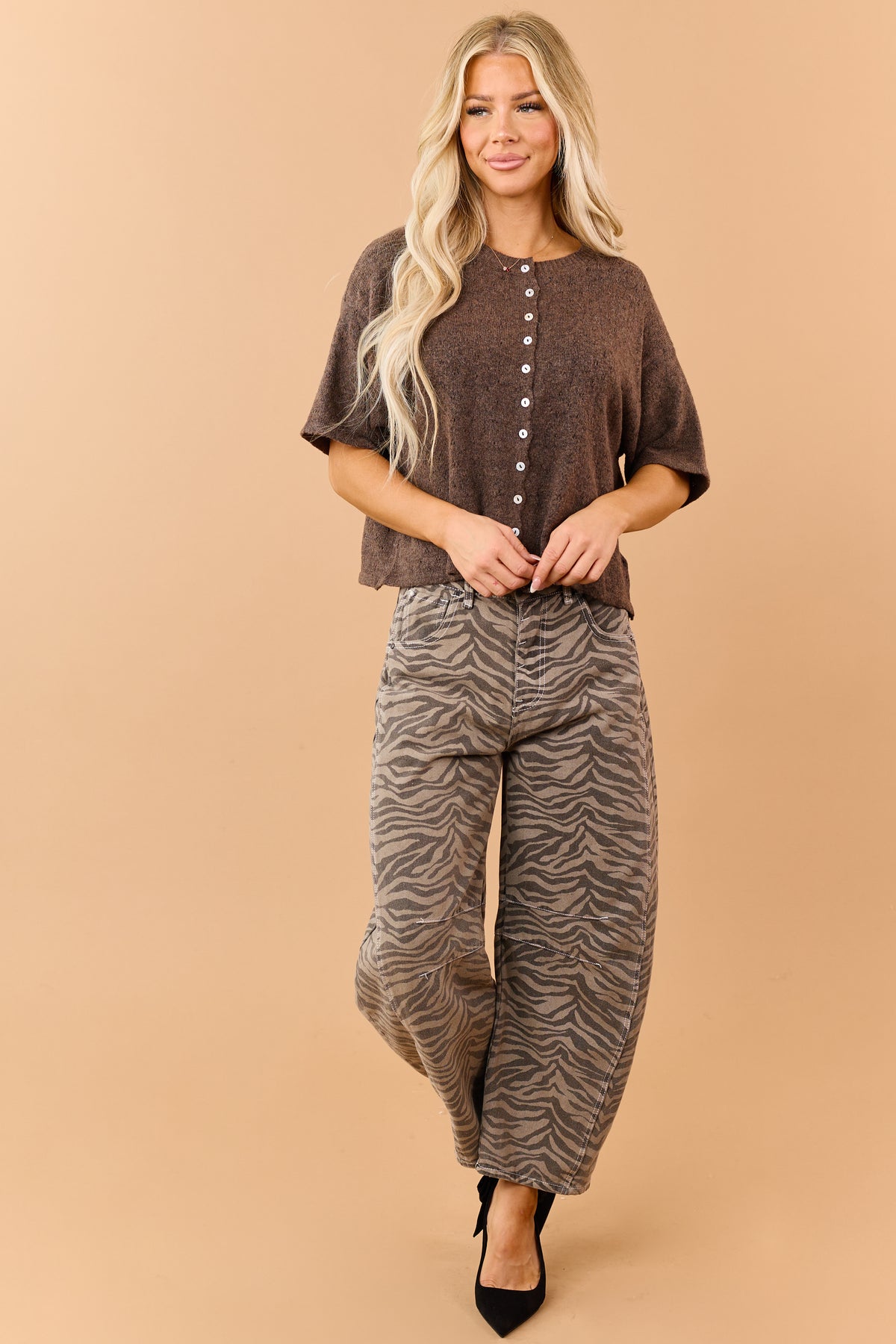 Chocolate Button Down Short Sleeve Pointelle Sweater