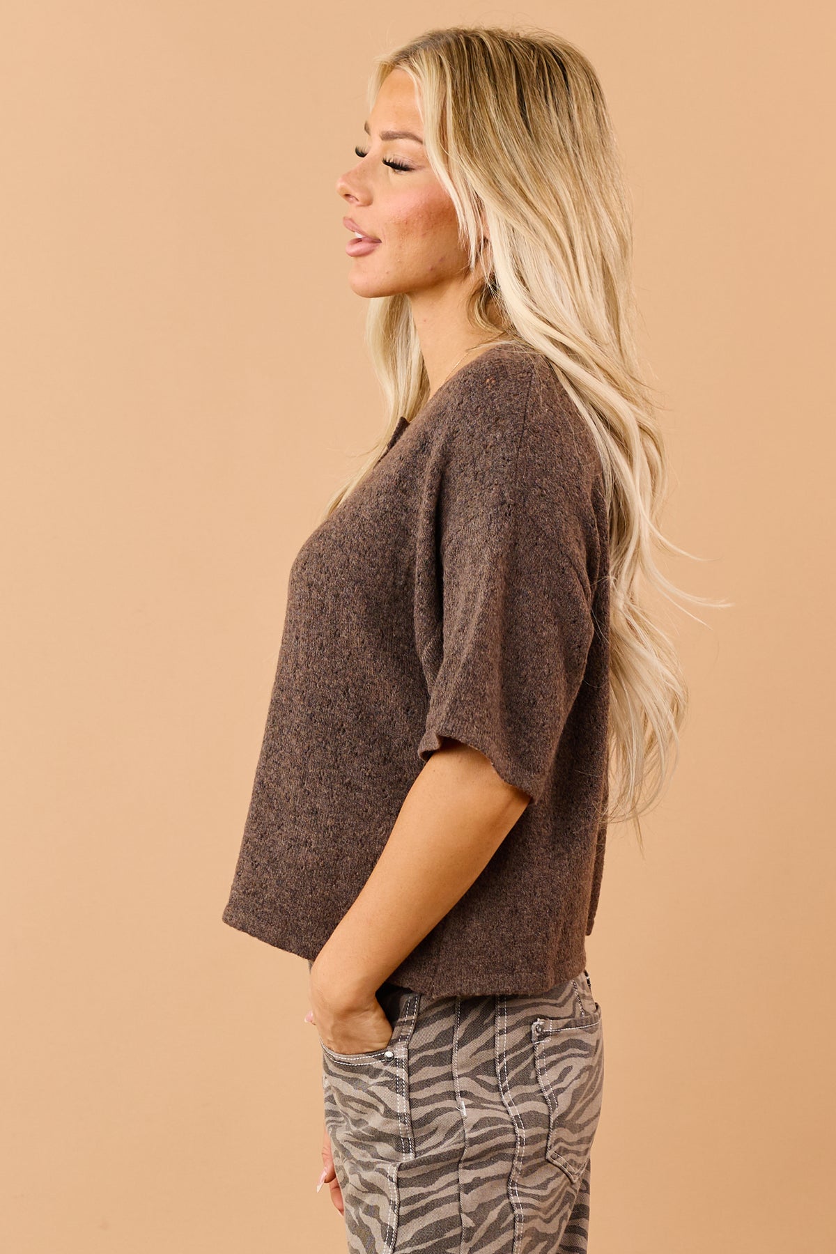 Chocolate Button Down Short Sleeve Pointelle Sweater