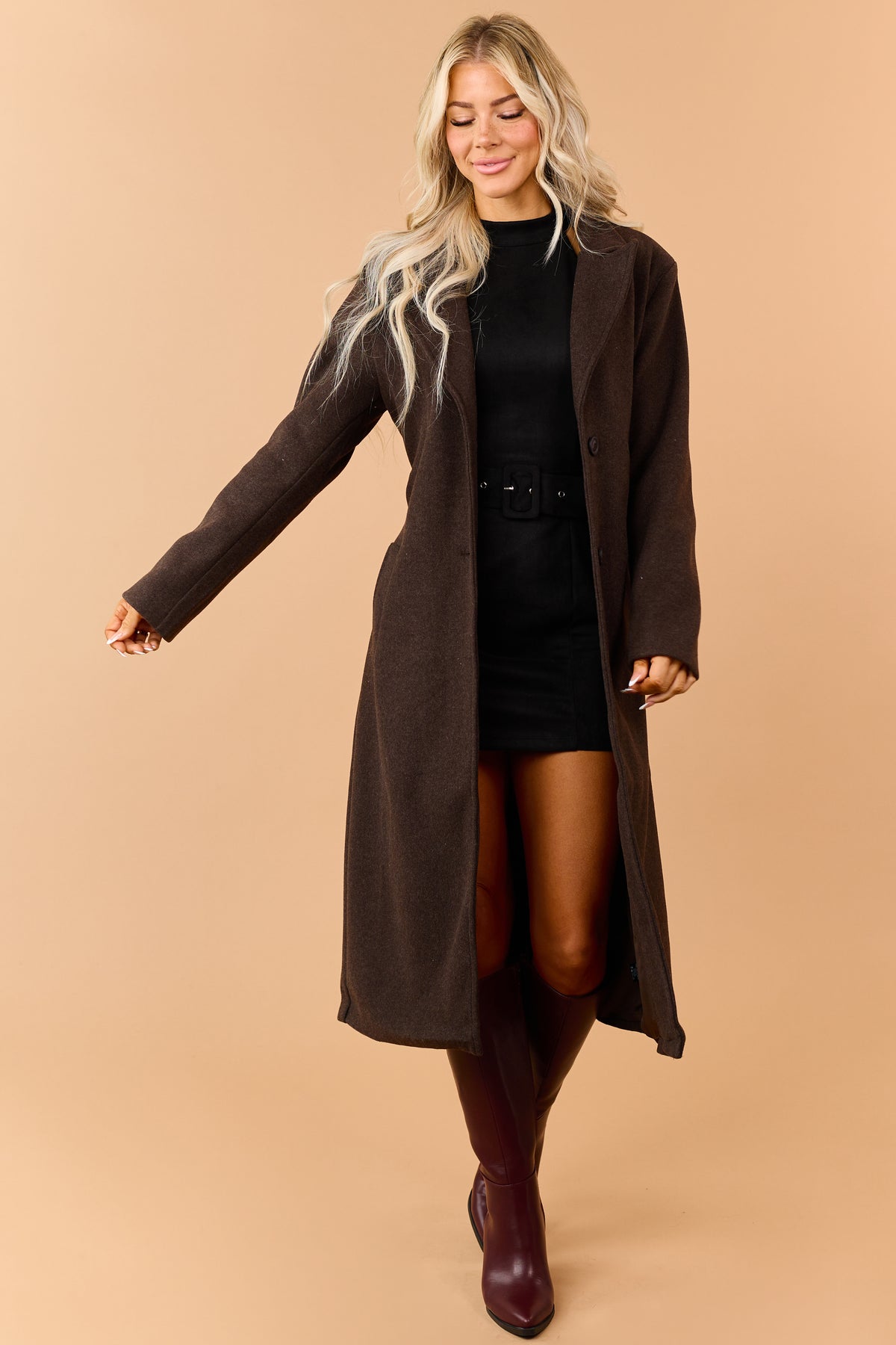 Chocolate Button Down Waist Tie Knit Trench Coat