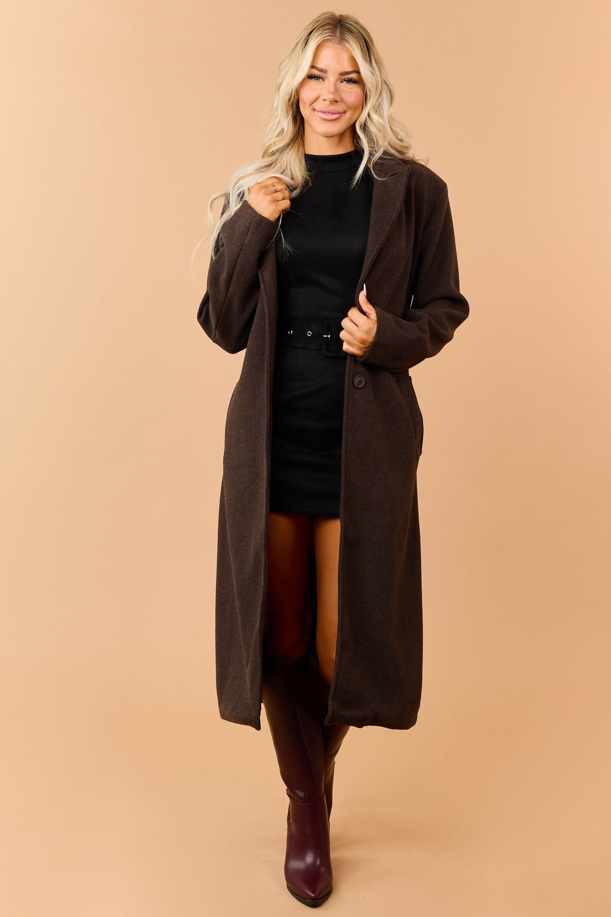 Chocolate Button Down Waist Tie Knit Trench Coat