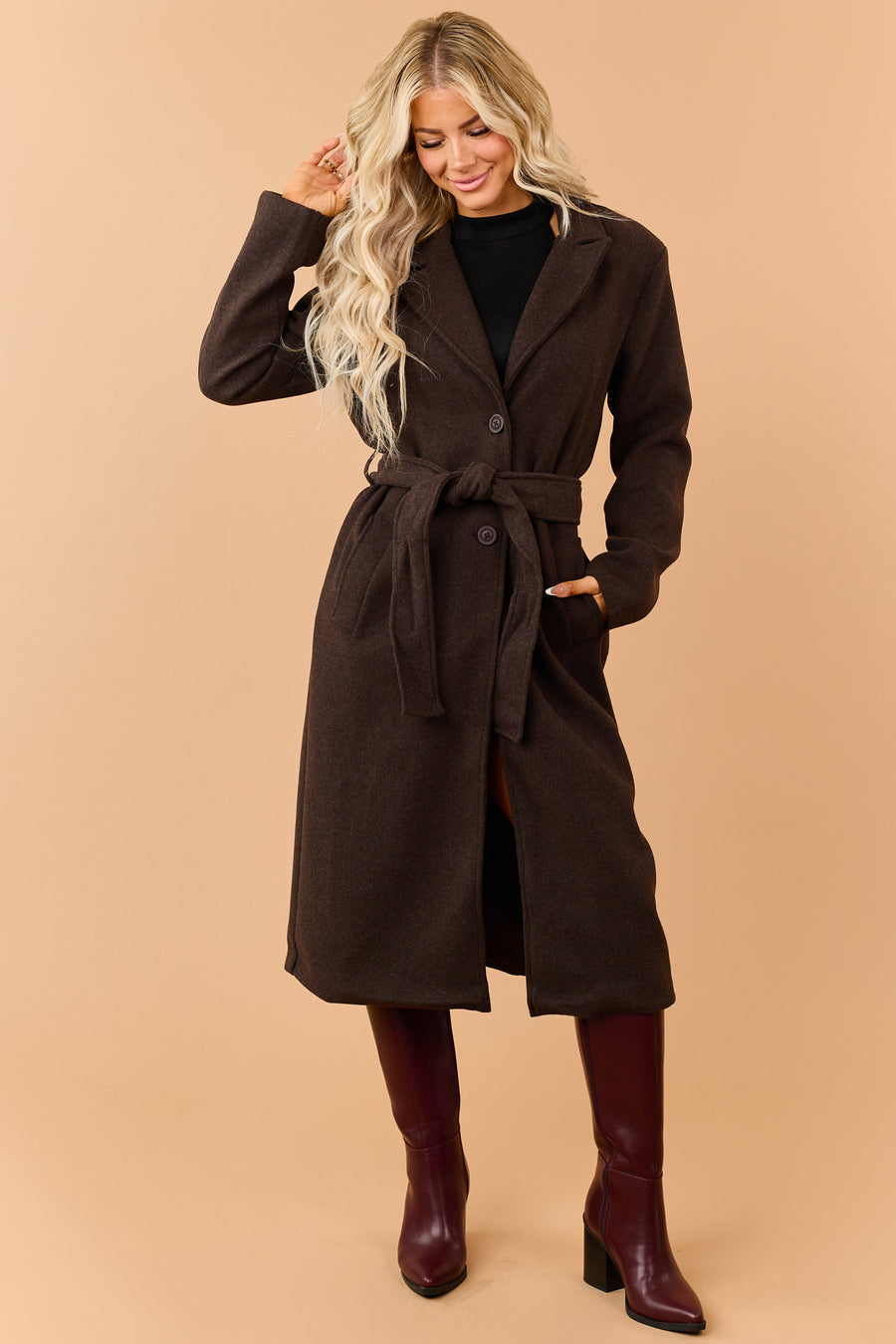 Chocolate Button Down Waist Tie Knit Trench Coat