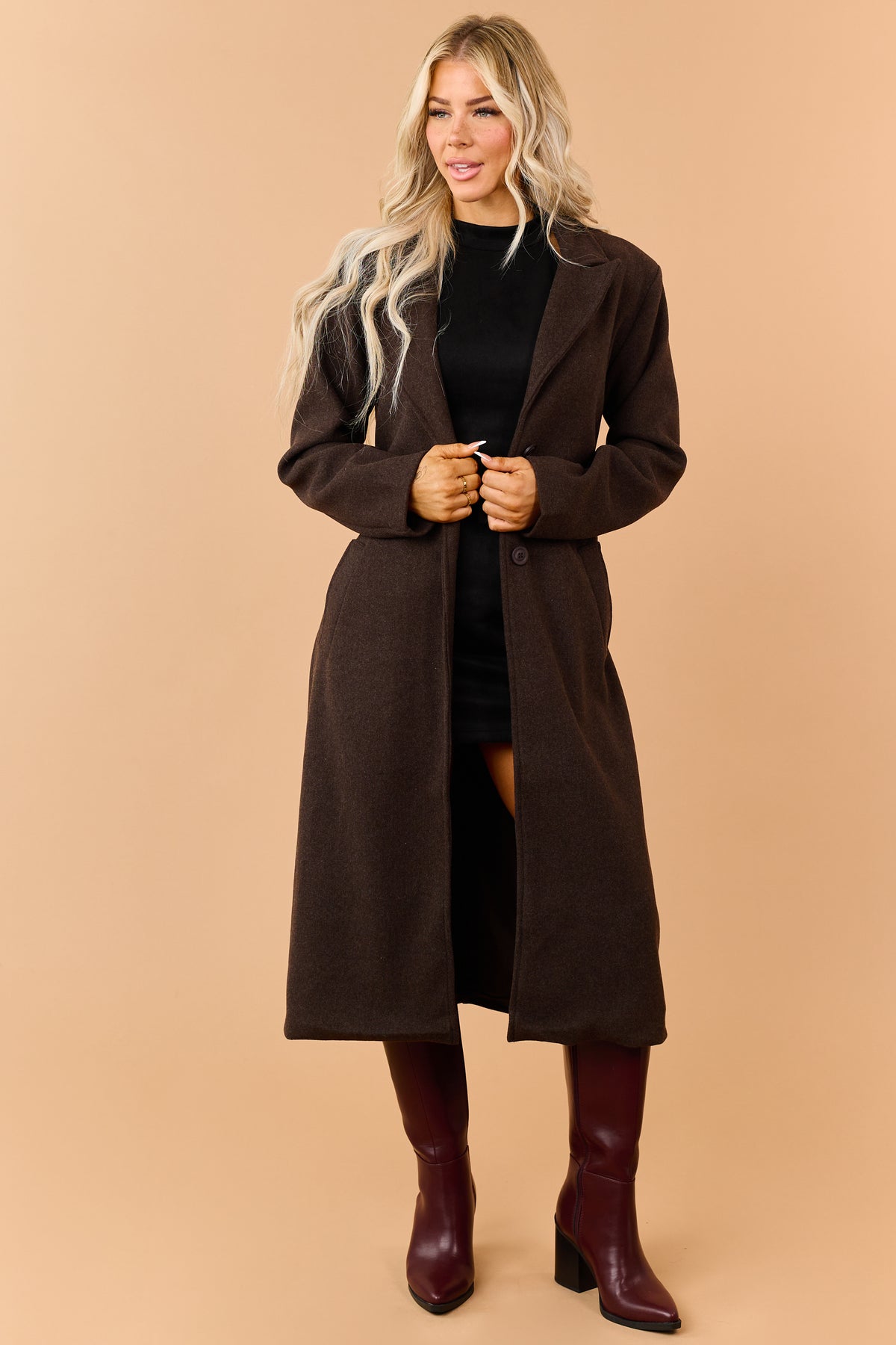 Chocolate Button Down Waist Tie Knit Trench Coat