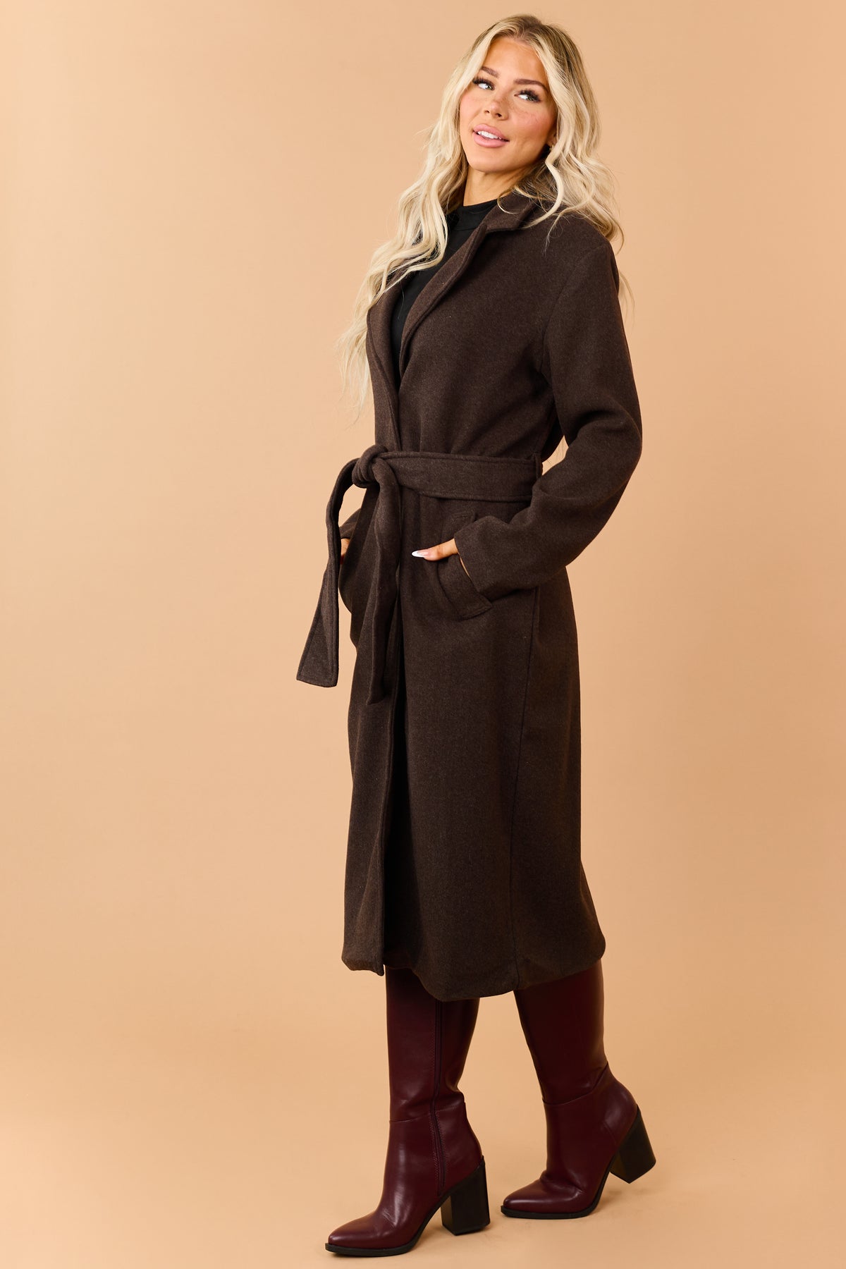 Chocolate Button Down Waist Tie Knit Trench Coat