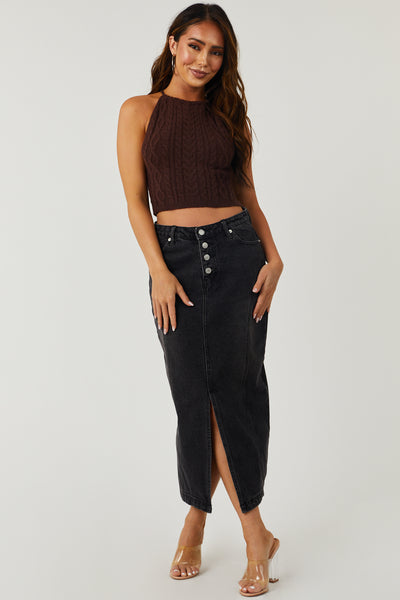 Chocolate Cable Knit Halter Neck Open Back Top