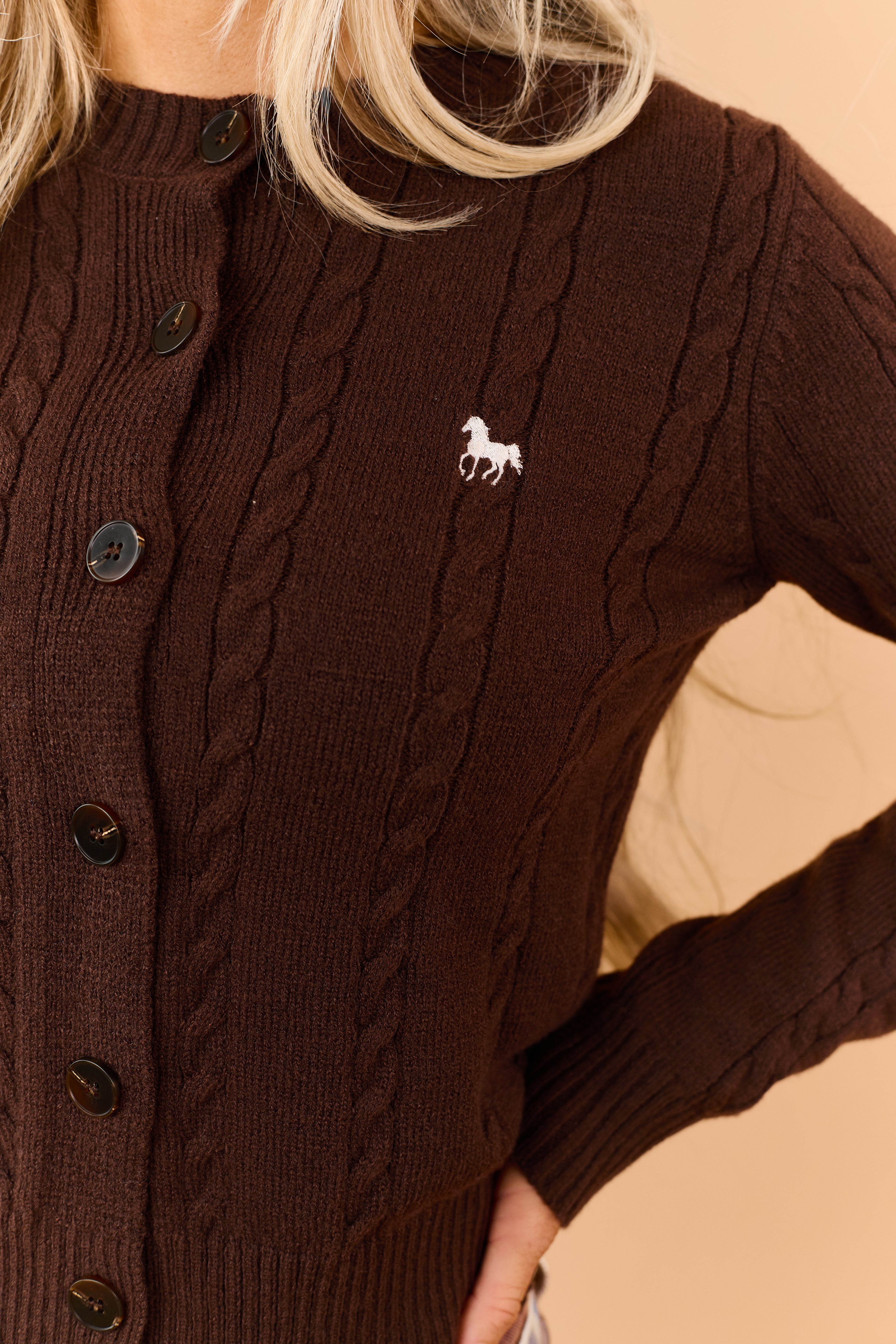 Chocolate Cable Knit Horse Embroidery Cardigan | Lime Lush Boutique