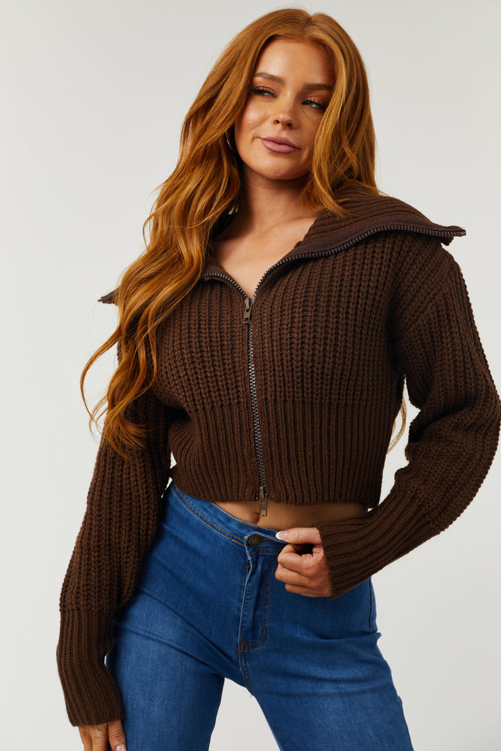Chocolate Collared Two Way Zip Up Knit Cardigan