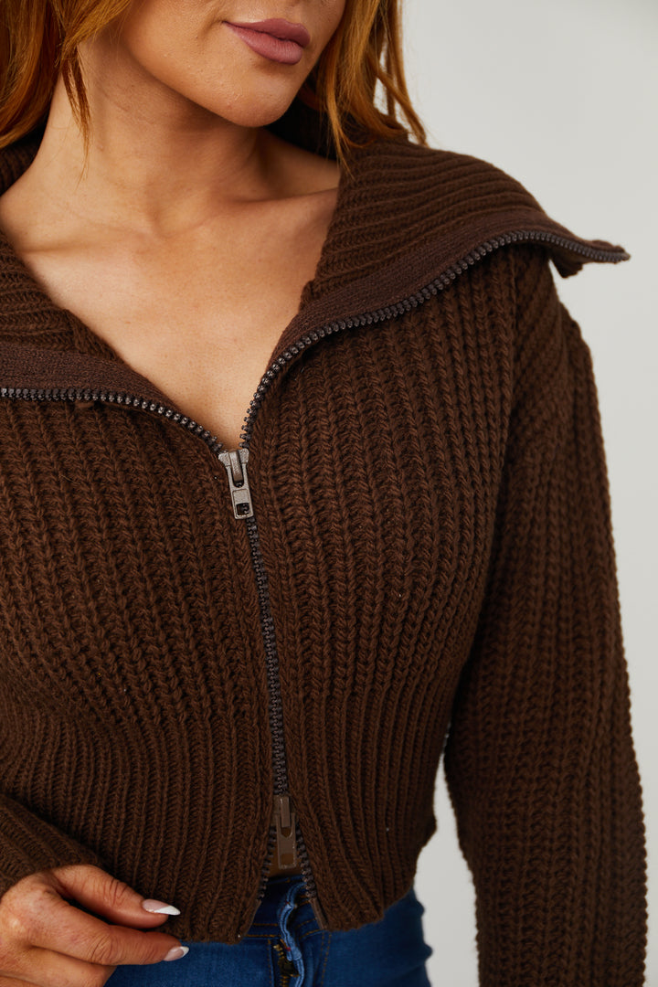 Chocolate Collared Two Way Zip Up Knit Cardigan