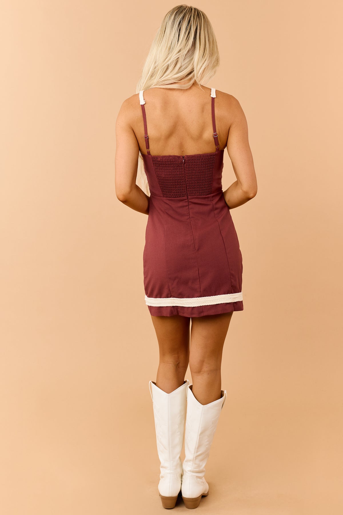 Chocolate Contrast Braided Trim Linen Blend Mini Dress