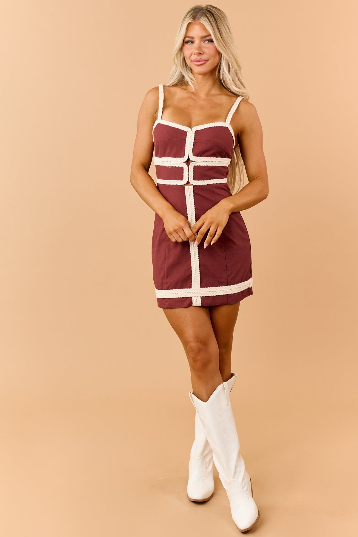 Chocolate Contrast Braided Trim Linen Blend Mini Dress