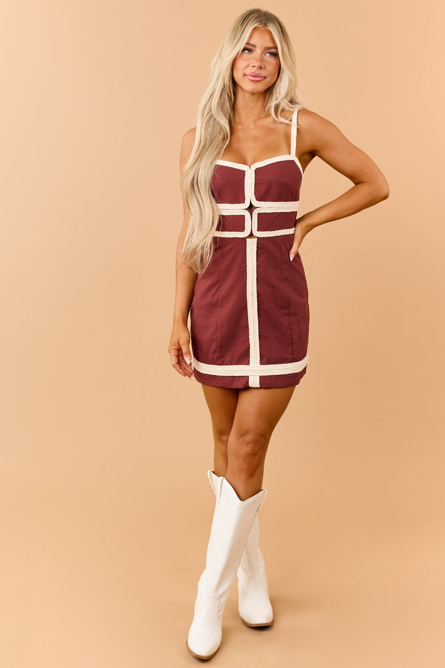 Chocolate Contrast Braided Trim Linen Blend Mini Dress